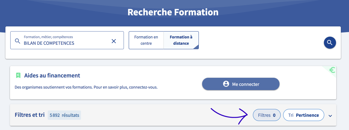 Filtres Mon Compte Formation : modalité à distance